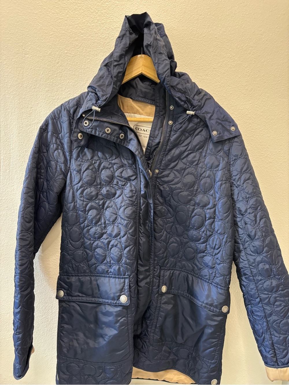 Coach Navy Quilted Hooded Puffer Jacket